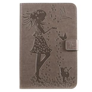 For iPad Mini 2019 & 4 & 3 & 2 & 1 Pressed Printing Woman and Cat Pattern Horizontal Flip Leather Case with Holder & Card Slots & Wallet(Grey)