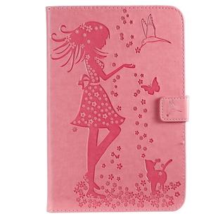 For iPad Mini 2019 & 4 & 3 & 2 & 1 Pressed Printing Woman and Cat Pattern Horizontal Flip Leather Case with Holder & Card Slots & Wallet(Pink)