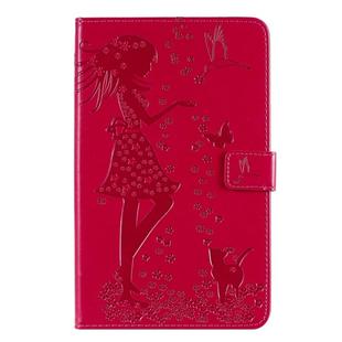For Galaxy Tab A 8.0 & S Pen (2019) Pressed Printing Woman and Cat Pattern Horizontal Flip Leather Case with Holder & Card Slots & Wallet(Rose Red)
