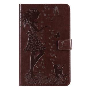 For Galaxy Tab A 8.0 & S Pen (2019) Pressed Printing Woman and Cat Pattern Horizontal Flip Leather Case with Holder & Card Slots & Wallet(Brown)
