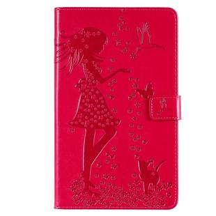 For Galaxy Tab A 8.0 (2019) T295/T290 Pressed Printing Woman and Cat Pattern Horizontal Flip Leather Case with Holder & Card Slots & Wallet(Rose Red)