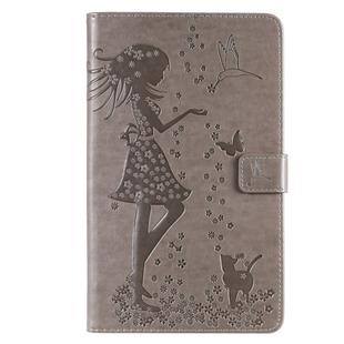 For Galaxy Tab A 8.0 (2019) T295/T290 Pressed Printing Woman and Cat Pattern Horizontal Flip Leather Case with Holder & Card Slots & Wallet(Grey)