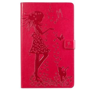 For Galaxy Tab A 10.1 (2019) Pressed Printing Woman and Cat Pattern Horizontal Flip Leather Case with Holder & Card Slots & Wallet(Rose Red)