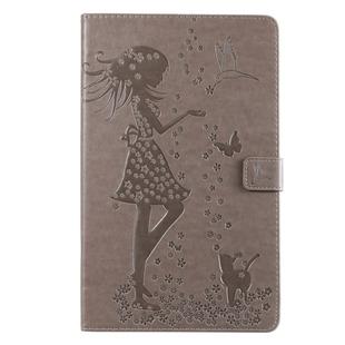 For Galaxy Tab A 10.1 (2019) Pressed Printing Woman and Cat Pattern Horizontal Flip Leather Case with Holder & Card Slots & Wallet(Grey)