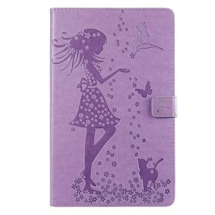 For Galaxy Tab A 10.1 (2019) Pressed Printing Woman and Cat Pattern Horizontal Flip Leather Case with Holder & Card Slots & Wallet(Purple)