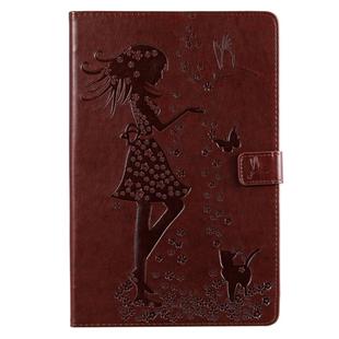 For Galaxy Tab S5e Pressed Printing Woman and Cat Pattern Horizontal Flip Leather Case with Holder & Card Slots & Wallet(Brown)