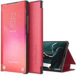 For Xiaomi Redmi Note 10 Pro Carbon Fiber Texture View Time Horizontal Flip Leather Case with Holder & Touch Call Display ID(Red)