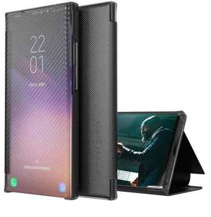 For Samsung Galaxy A51 Carbon Fiber Texture View Time Horizontal Flip Leather Case with Holder & Touch Call Display ID(Black)