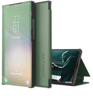 For Samsung Galaxy Note20 Carbon Fiber Texture View Time Horizontal Flip Leather Case with Holder & Touch Call Display ID(Green)