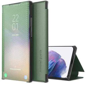 For Samsung Galaxy S21+ 5G Carbon Fiber Texture View Time Horizontal Flip Leather Case with Holder & Touch Call Display ID(Green)