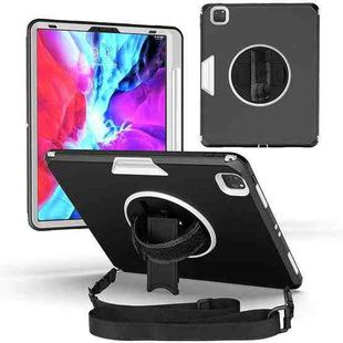 For iPad Pro 12.9 2021 / 2020 / 2018 360 Degree Rotation Turntable Robot Shockproof TPU + PC Protective Tablet Case with Holder & Hand Grip Strap & Shoulder Strap(Black White)