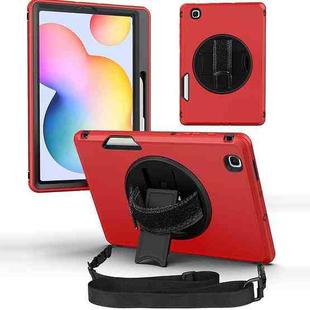 For Samsung Galaxy Tab S6 Lite 360 Degree Rotation Turntable Robot Shockproof TPU + PC Protective Tablet Case with Holder & Hand Grip Strap & Shoulder Strap(Red Black)