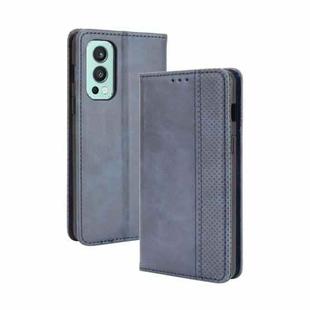 For OnePlus Nord 2 5G Magnetic Buckle Retro Crazy Horse Texture Horizontal Flip Leather Case with Holder & Card Slots & Photo Frame(Blue)