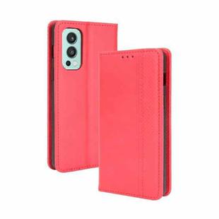 For OnePlus Nord 2 5G Magnetic Buckle Retro Crazy Horse Texture Horizontal Flip Leather Case with Holder & Card Slots & Photo Frame(Red)