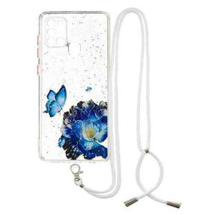 For Samsung Galaxy A21s Colored Drawing Starry Sky Epoxy TPU Shockproof Case with Neck Lanyard(Blue Butterfly)