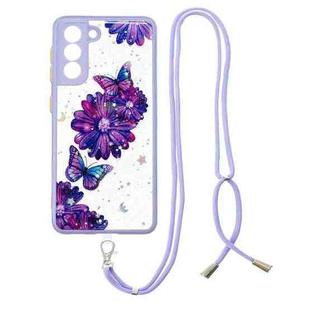 For Samsung Galaxy S21 5G Colored Drawing Starry Sky Epoxy TPU Shockproof Case with Neck Lanyard(Purple Flower Butterfly)