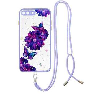 Colored Drawing Starry Sky Epoxy TPU Shockproof Case with Neck Lanyard For iPhone 8 Plus / 7 Plus(Purple Flower Butterfly)