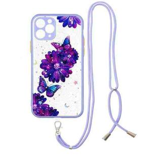 For iPhone 11 Pro Colored Drawing Starry Sky Epoxy TPU Shockproof Case with Neck Lanyard (Purple Flower Butterfly)