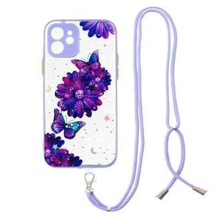 For iPhone 12 Colored Drawing Starry Sky Epoxy TPU Shockproof Case with Neck Lanyard(Purple Flower Butterfly)