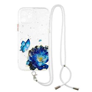 For iPhone 12 Colored Drawing Starry Sky Epoxy TPU Shockproof Case with Neck Lanyard(Blue Butterfly)