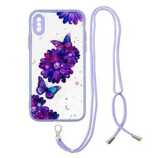 For iPhone X / XS Colored Drawing Starry Sky Epoxy TPU Shockproof Case with Neck Lanyard(Blue Butterfly)