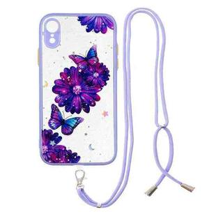 For iPhone XR Colored Drawing Starry Sky Epoxy TPU Shockproof Case with Neck Lanyard(Purple Flower Butterfly)