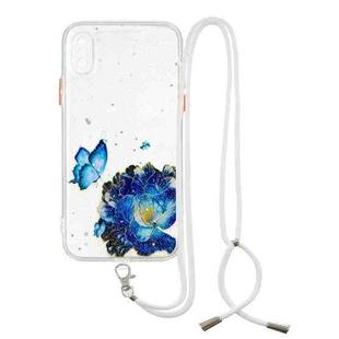 For iPhone XS Max Colored Drawing Starry Sky Epoxy TPU Shockproof Case with Neck Lanyard(Blue Butterfly)