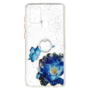 For Samsung Galaxy A21s Colored Drawing Starry Sky Epoxy TPU Shockproof Case with Ring Holder(Blue Butterfly)