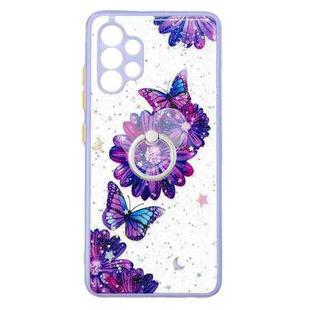 For Samsung Galaxy A32 4G Colored Drawing Starry Sky Epoxy TPU Shockproof Case with Ring Holder(Purple Flower Butterfly)