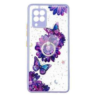 For Samsung Galaxy A42 5G Colored Drawing Starry Sky Epoxy TPU Shockproof Case with Ring Holder(Purple Flower Butterfly)
