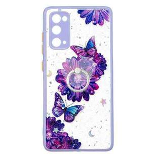 For Samsung Galaxy S20 FE 4G / 5G Colored Drawing Starry Sky Epoxy TPU Shockproof Case with Ring Holder(Purple Flower Butterfly)