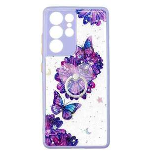 For Samsung Galaxy S21 Ultra 5G Colored Drawing Starry Sky Epoxy TPU Shockproof Case with Ring Holder(Purple Flower Butterfly)