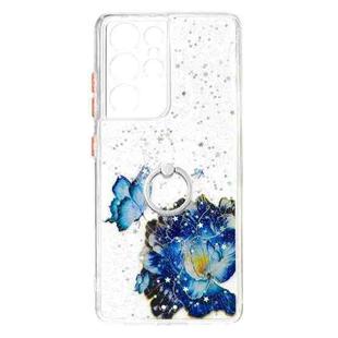 For Samsung Galaxy S21 Ultra 5G Colored Drawing Starry Sky Epoxy TPU Shockproof Case with Ring Holder(Blue Butterfly)