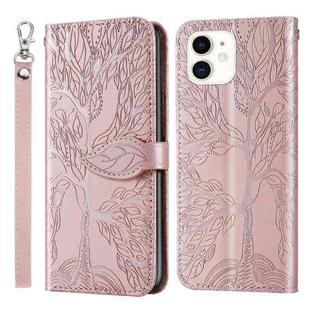 For iPhone 13 Life of Tree Embossing Pattern Horizontal Flip Leather Case with Holder & Card Slot & Wallet & Photo Frame & Lanyard(Rose Gold)