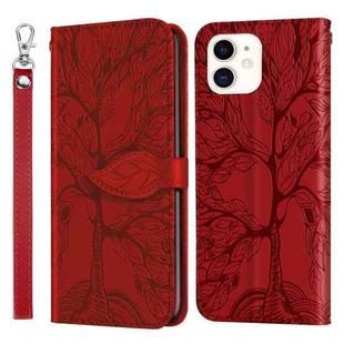 For iPhone 13 Life of Tree Embossing Pattern Horizontal Flip Leather Case with Holder & Card Slot & Wallet & Photo Frame & Lanyard(Red)