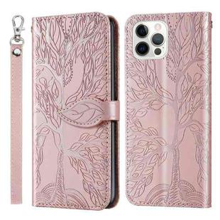 For iPhone 13 Pro Life of Tree Embossing Pattern Horizontal Flip Leather Case with Holder & Card Slot & Wallet & Photo Frame & Lanyard (Rose Gold)