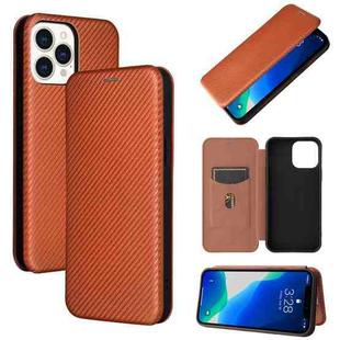 For iPhone 13 Carbon Fiber Texture Horizontal Flip TPU + PC + PU Leather Case with Card Slot(Brown)