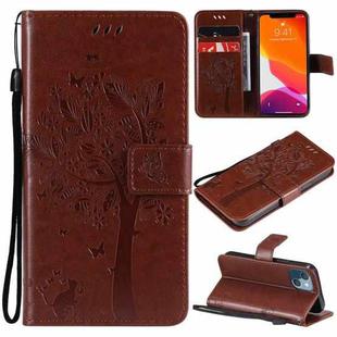 For iPhone 13 mini Tree & Cat Pattern Pressed Printing Horizontal Flip PU Leather Case with Holder & Card Slots & Wallet & Lanyard (Brown)