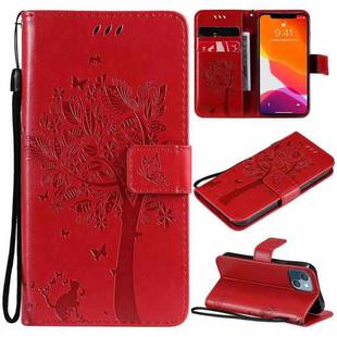 For iPhone 13 mini Tree & Cat Pattern Pressed Printing Horizontal Flip PU Leather Case with Holder & Card Slots & Wallet & Lanyard (Red)