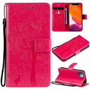 For iPhone 13 mini Tree & Cat Pattern Pressed Printing Horizontal Flip PU Leather Case with Holder & Card Slots & Wallet & Lanyard (Rose Red)