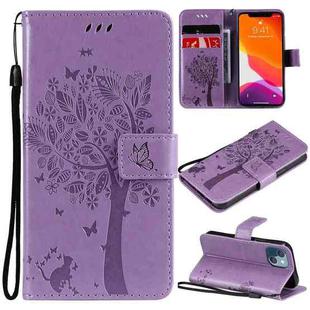 For iPhone 13 mini Tree & Cat Pattern Pressed Printing Horizontal Flip PU Leather Case with Holder & Card Slots & Wallet & Lanyard (Light Purple)