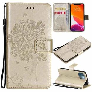 For iPhone 13 mini Tree & Cat Pattern Pressed Printing Horizontal Flip PU Leather Case with Holder & Card Slots & Wallet & Lanyard (Gold)