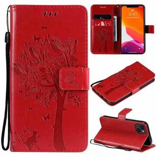 For iPhone 13 Tree & Cat Pattern Pressed Printing Horizontal Flip PU Leather Case with Holder & Card Slots & Wallet & Lanyard(Red)