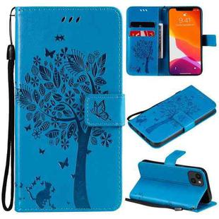 For iPhone 13 Tree & Cat Pattern Pressed Printing Horizontal Flip PU Leather Case with Holder & Card Slots & Wallet & Lanyard(Blue)