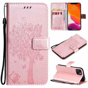 For iPhone 13 Tree & Cat Pattern Pressed Printing Horizontal Flip PU Leather Case with Holder & Card Slots & Wallet & Lanyard(Rose Gold)