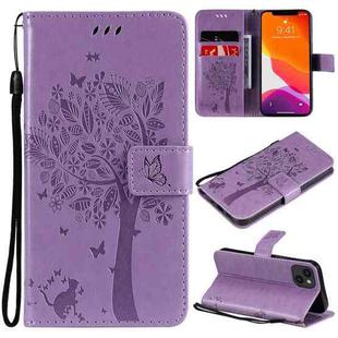 For iPhone 13 Tree & Cat Pattern Pressed Printing Horizontal Flip PU Leather Case with Holder & Card Slots & Wallet & Lanyard(Light Purple)