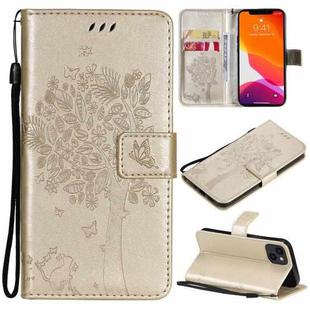 For iPhone 13 Tree & Cat Pattern Pressed Printing Horizontal Flip PU Leather Case with Holder & Card Slots & Wallet & Lanyard(Gold)