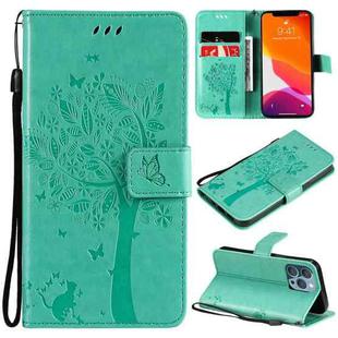 For iPhone 13 Pro Tree & Cat Pattern Pressed Printing Horizontal Flip PU Leather Case with Holder & Card Slots & Wallet & Lanyard (Green)