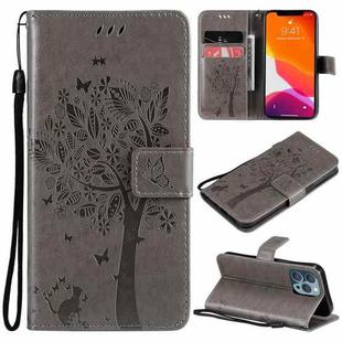 For iPhone 13 Pro Tree & Cat Pattern Pressed Printing Horizontal Flip PU Leather Case with Holder & Card Slots & Wallet & Lanyard (Grey)