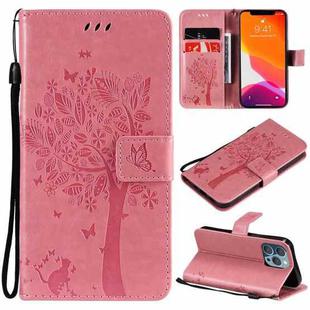 For iPhone 13 Pro Tree & Cat Pattern Pressed Printing Horizontal Flip PU Leather Case with Holder & Card Slots & Wallet & Lanyard (Pink)